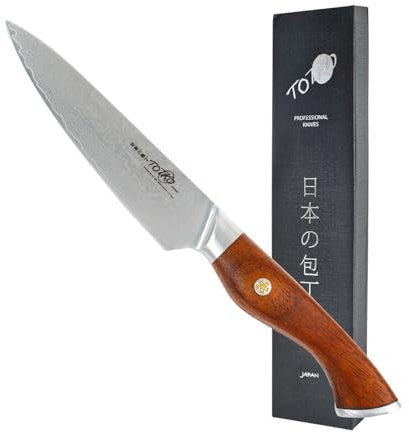 Totiko Coltello Professionale in Acciaio Damasco, Coltello da Cucina Professionale Giapponese da Bistecca, Utility da Carne, Lama da 12,5cm, Toyotomi Damascato, Manico in Legno di Rosa Japan Knives
