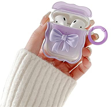 Ownest Kompatibel mit Airpods 2 Hülle und Airpods 1 Hülle Cute Aesthetic Colour 3D Bogen Design mit Schlüsselanhänger Wave Frame Shape TPU Mädchen Girls Transparent AirPods Case - Lila
