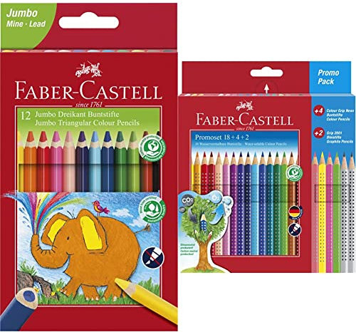 Faber-Castell 116501 - Jumbo Buntstifte dreikant, 5.4 mm, 12er Karton & 201540 - Buntstifte Set für Kinder und Erwachsene, 24-teilig, dreikant, bruchsicher, inkl. 4 Neonfarben und 2 Bleistiften