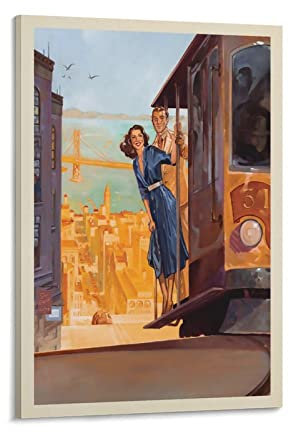 KWID Vintage-Poster, Ölgemälde, San Francisco, Trolley, Poster, dekoratives Gemälde, Leinwand, Wandposter und Kunstbild, modernes Familien-Schlafzimmer, Dekoration, Poster, 30 x 45 cm