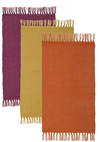 LOLAhome Set de 3 Alfombras de Flecos de Algodón Natural de 50x80 cm Morado, Mostaza y Naranja