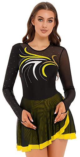 iEFiEL Damen Langarm Eiskunstlauf Kleid Glitzer Tanzkleid Strass Kürkleid Rollkunstlauf Bekleidung Tanzanzug Tanzkostüm Gelb XXL