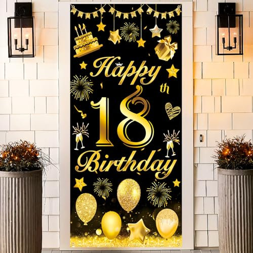 18th Birthday Party Decorations, Black Gold 18th Birthday Door Cover, Large 18th Birthday Door Hanging Banner Photo Booth Sign Decor, Birthday Door Banner for Boys 18th Birthday Party, 185 × 90cm