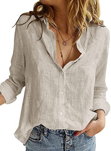 BLENCOT Damen Bluse Langarm Hemden Casual Leinenbluse Roll Up Ärmel Button Down Blusen Tops