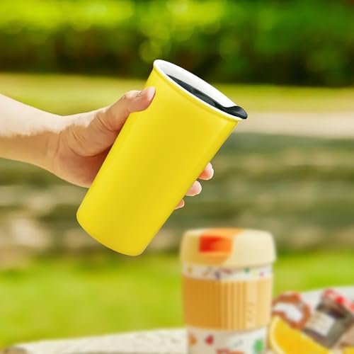 Ceramic Coffee Travel Mug with Lid, Travel Mugs, Iced Coffee Cup Unique To Go Tumbler for Car Cup Holder, Double Wall Yellow Coffee Mug, Gifts for Women Men Her Him, 12oz, Yellow