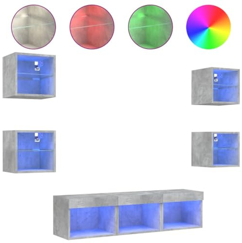 vidaXL Wohnwand 7-TLG., Schrankwand mit viel Stauraum, Anbauwand mit LED-Beleuchtung, Wandmontage Fernsehschrank Wohnzimmer Set, Betongrau Holzwerkstoff