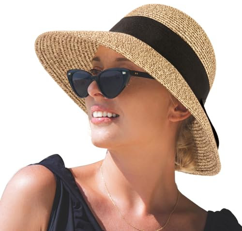 Comhats Sun Hats Women Ladies Straw Beach Hats UV Protection Summer Hat UPF 50+ Foldable Wide Brimmed Sunhats Packable Hat Adjustable 92565_Brown Large