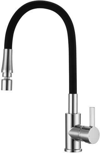 Peppermint Flexible Kitchen Tap Chrome Sink Mixer With Mouldable Silicone Hose - Single Lever 1 Hole Bendable Pull Down Tap With Flexible Spout