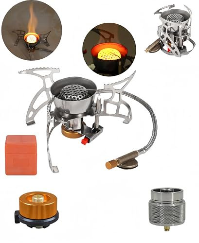 foldable windproof camping stove Piezo Ignition fierce fire,fire regulator valve with hose, 1LB Propane Tank Adapter, Butane Adapter, Backpacking Stove with carry case for outdoor