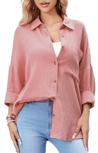 Stamain Hemdbluse Damen Langarm Lässiges Musselin Bluse Damen Rosa mit Baumwolle V-Ausschnitt Oversize Hemd Bluse für Frauen mit Tasche M