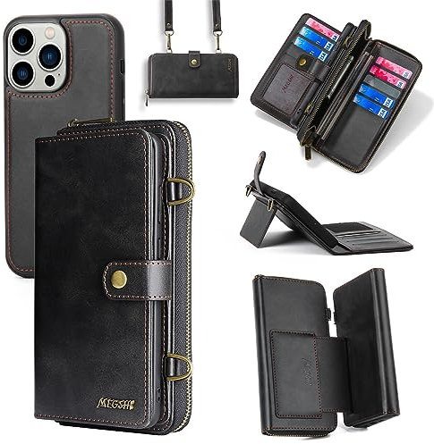 Yidai-Silu Lederhülle für iPhone 16 Pro Wallet Case 【3 in 1 Abnehmbar Geldbeutel, Mutil-Funktion】 Magnet Hülle PU Leder Etui Flip Cover Brieftasche Geldbörse für iPhone 16 Pro - Schwarz