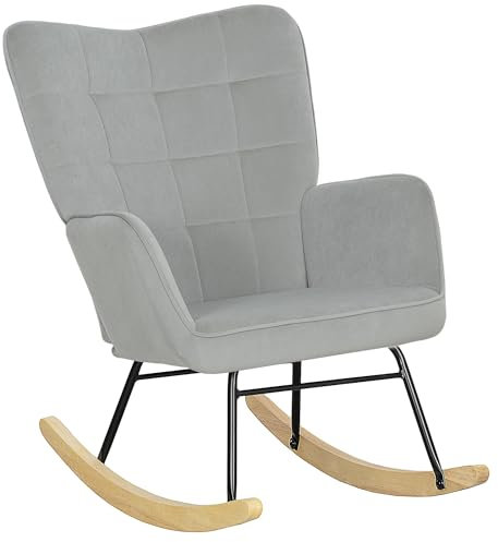 HOMCOM Schaukelstuhl, Schaukelsessel mit Samtoptik, Armlehne, Gepolsterter Sessel mit Holzkufen, Relaxsessel für Wohnzimmer, Schlafzimmer, bis 120kg belastbar, Hellgrau
