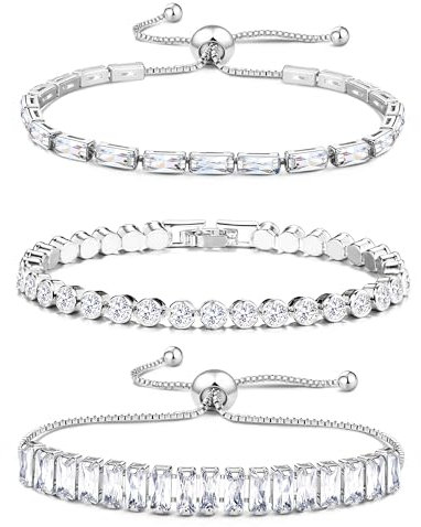 JeweBella 3 Stück Tennis Armband Damen Gold Silber Zirkonia Verstellbarer Armbänder Glitzer Armband Stapel Tennisarmband Set
