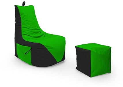 Nadimaideal Gamer Sitzsack Komfort XL - XXL für Kinder, Teenager & Erwachsene | Indoor & Outdoor | Sitzsack Gaming | Füllung EPS Perlen (Schwarz - Grün, Sitzsack XXL mit Hocker)