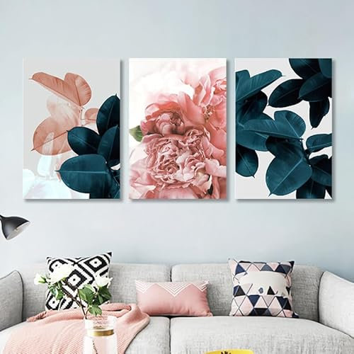 AdoDecor Stampe da parete Foglia verde floreale rosa Quadri camera da letto,Quadri moderni soggiorno Poster botanico nordico Stampe quadri(Incorniciato)