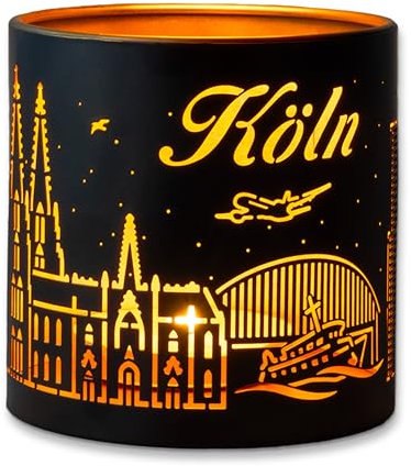 3forCologne Windlicht Laterne Kölner Dom | Metall Windlichter außen schwarz innen gold | Schöner Deko-Kerzenhalter für Stumpenkerzen und Teelichter für drinnen oder draußen.