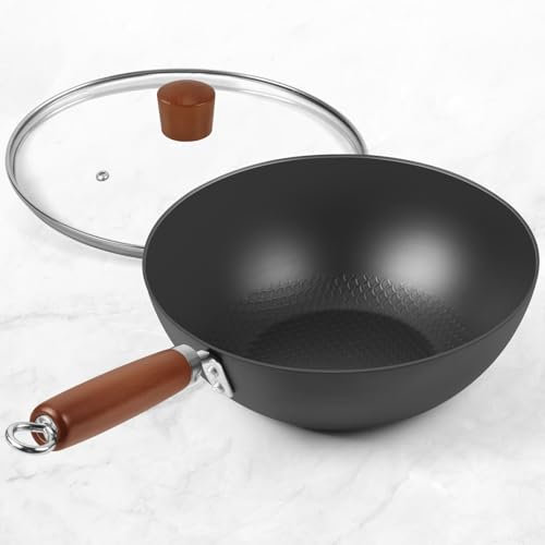 BrBrGo Wokpfanne aus Karbonstahl, 24,1 cm, authentisches chinesisches Bratpfannen-Set mit Glasdeckel, 0,7 kg, leichter flacher Boden, kleiner Wok für 1–2 Portionen