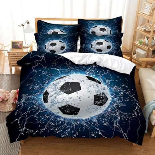 Copripiumino da calcio, set di biancheria da letto con pallone da calcio, per bambini, ragazzi, adolescenti, tema sportivo, copripiumino matrimoniale, singolo, blu, 3 pezzi, 180x200 cm + 80x80 cm * 2