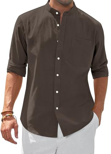siliteelon Men's Shirts No Collar Brwon Men's Long Sleeve Collarless Linen Shirts Regular Fit Beach Travel Shirt with Pocket Holiday,Vacation Coffee Brown