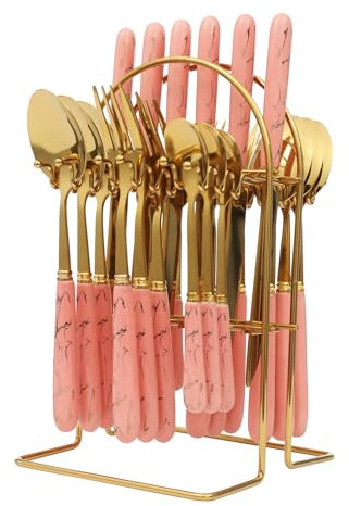 24-Piece Cutlery Set, Stainless Steel Cutlery Set with Stand, 24-Piece Home Safety Stainless Steel Silverware Set with Stand, Mirror Polishing Flatware Set Service (Gold+Pink)