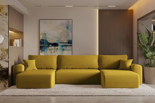 Friderik Ecksofa Capri U – 362 cm Schlafsofa mit Bettkasten & Schlaffunktion, Poso-Stoff, Universelle Konfiguration, Wohnlandschaft, 5-Sitzer, Senfgelb, Poso 43