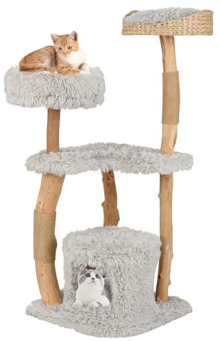 COSTWAY Wooden Cat Tree, Multi-Layer Cats Tower with Jute Scratching Posts & Top Perch, Modern Cat Activity Center for Indoor Cats Kittens (48 x 48 x 124cm, Grey)