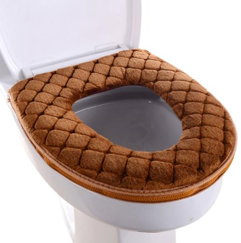 Obelunrp Toilet Seat Cover, 23.5x19cm Plush Warm Toilet Seat Cushion Covers with Zipper, Soft Washable Toilets Seats Covers for Bathroom (Brown)