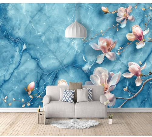 SPECUFX 3D Effect Photo Self-Adhesive Wallpaper Blue Marble Pink Orchid 100x70cm Panoramic Wall Tapestry Mural Large Bedroom Eco-Friendly Decoration