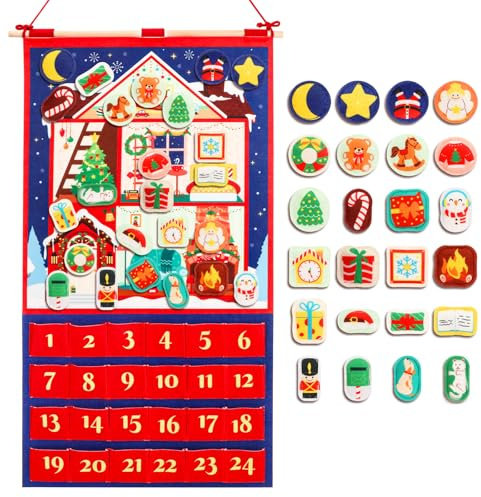 DPKOW DIY Filz Weihnachtshaus Adventskalender 2026, Weihnachtskalender Adventskalender zum Befüllen Aufhängen mit 24 Klettverschluss Gefüllten Ornamenten, Weihnachtsdeko, mit 24 Taschen und Stange