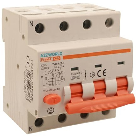 Leitungsschutzschalter magnetothermisch, dreiphasig, Typ A, 20 A C20, RCBO 3P+N 6 kA 30 mA, Kurve C 380 V, 4 DIN-Module, Serie PL8M4 Professional, elektromagnetisch
