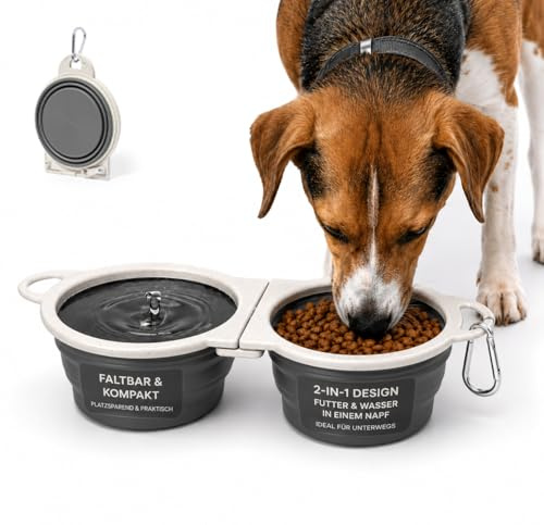 CABBRIX Faltbarer Hundenapf aus Silikon - Weizenstroh-Rahmen - 900ml [ 2X 450ml ] - Reise Wassernapf & Futternapf für Hunde & Katzen, auslaufsicher, mit Karabiner, ideal für unterwegs & Outdoor