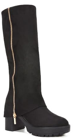 ESSEX GLAM Women's Side Zip Fold Over Boots Ladies Black Faux Suede Layered Knee High Platform Chunky Sole Size 5