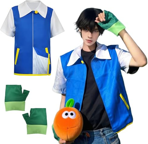 YushengTai Anime Cosplay Kostüm, Klassisches Cosplay Anime Blaue Kurzarm Handschuh Set, Kindheitshelden Kostüm für Karneval Halloween Themenpartys Bühnenaufführungen Alltagskleidung