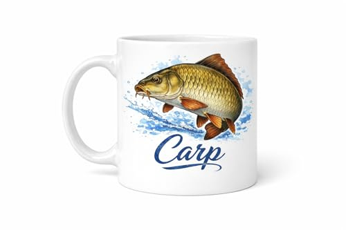 Brew Crew Gifts Carp Mug, White Ceramic, 11 oz, Dishwasher Safe, Microwave Safe, Fishing Theme