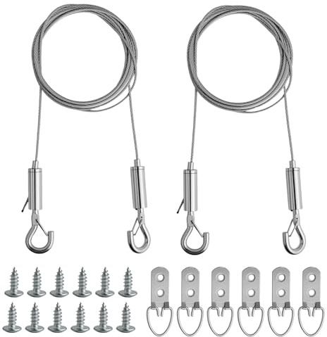 2 Stück verstellbares Fotoseil, Edelstahl-Aufhängeseil, Spannseile mit Haken, 1.5 mm × 2 Meter, mit 6 Bilderrahmenhaken, 12 Schrauben, für Gemälde, Bilderrahmen