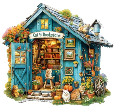 WOODBESTS Wooden Puzzle for Adults - Wooden Cat's Bookstore Puzzles | Wood Puzzles Adult, Family Friend Game Gift for Women Men (L - 13.4 × 12.3 in - 230 pcs)