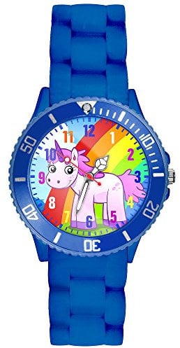 Taffstyle Kinder-Armbanduhr Analog Quarz mit Silikon-Armband Zahlen Einhorn Kinderuhr Lernuhr Sport-Uhr Rainbow Blau
