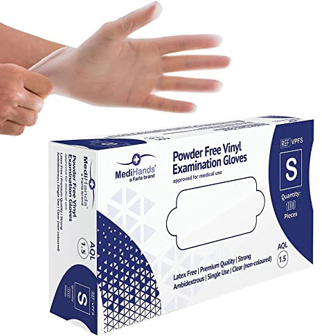 MediHands Vinyl Clear Small Gloves, Disposable Surgical Gloves, Box of 100, Powder Free, Latex Free, Protein Free, Medical, Food, Multi-Use