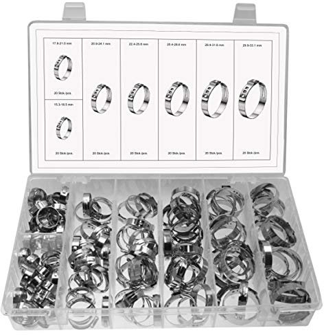 Universal 1-Ohr Schlauchschellen/Klemmschelle(1-Ohr-Klemmen) Leitungsschelle Schlauchklemmen Leitungsschellen-Sortiment aus 304SS EDELSTAHL 9.6-24.1 mm im Aufbewahrungsbox Sortimentsbox, 140-tlg.