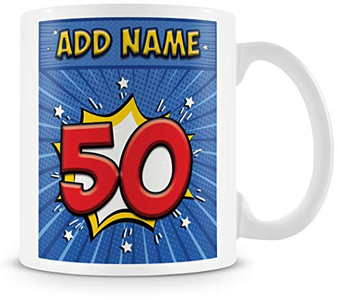 50th Birthday Gift for Men - Personalised Mug/Cup - Add Name - Comic Style Design - Blue