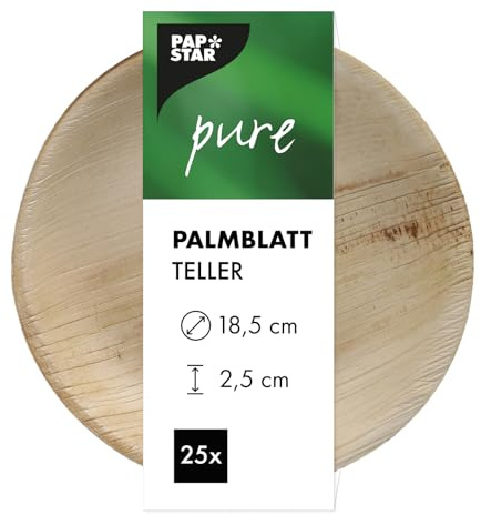 PAPSTAR 25 platos redondos de hoja de palma Pure Ø 18,5 cm · 2,5 cm