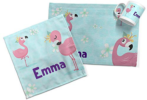 LolaPix Pack Cumpleaños Infantil. Taza/Mantel/Servilleta Personalizados con Nombre y Texto. Varios Diseños a Elegir. Flamenco