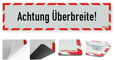 reflecto Hinweisschild „Achtung Überbreite!“ in rot-weiß und reflektierend (RA1/A) - verschiedene Ausführungen – 800 x 200 mm (selbstklebend)