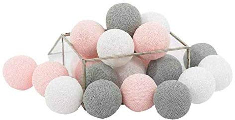 Hiser Guirlande Lumineuse Boules Coton, Batterie Chaîne de Lumière 6cm Boules Coton LED Cosy Romantique Décoration pour La Saint Valentin Noël Mariage Fêtes (1M-10LED,Blanc Gris Rose)