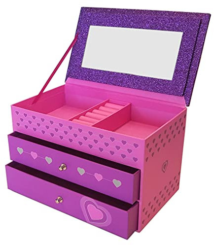 Schmuckkästchen für Mädchen, rosa und violett, glitzernd mit Herzen und rosa und violetten Rändern (lila funkeln mit rosa)