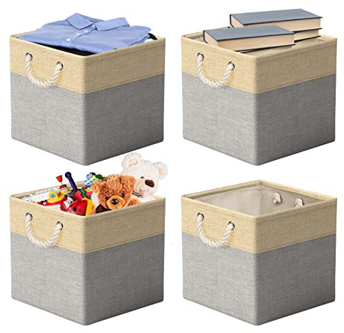 RIWNNI Aufbewahrungsbox Stoff 30x30 [4-Pack], Faltbarer Aufbewahrungsbox für Stoff, Ideal für Kallax-Regale, Schlafzimmer, Kinderzimmer - (Beige/Grau)