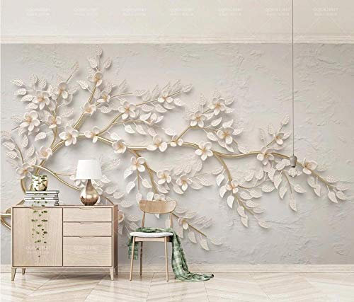 Papier Peint 3D Intissé Branches Dorées Fleurs Blanches Gaufrées Papier Peint Panoramique 3D Moderne Décoration Murale 300cmX210cm