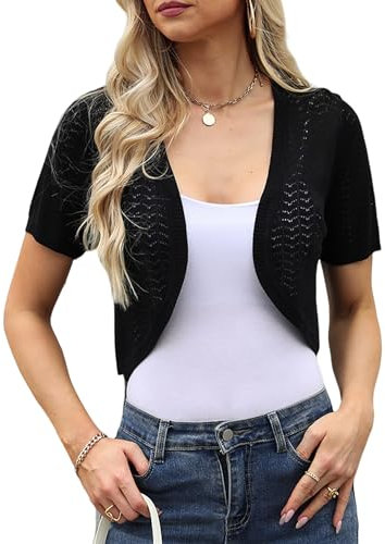 Totatuit Women Bolero Shrugs Summer Short Sleeve Crochet Knitted Cropped Cardigan Ladies Casual Cropped Shrug for Dresses Wedding Evening Black