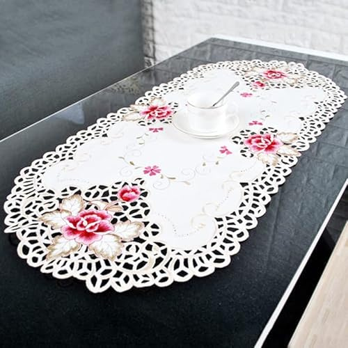 Tischdecke, Landhausstil, Blumenstickerei, Spitze, oval, Tischdecke, 40 x 85 cm