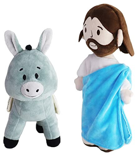 Firecos Jesus Plüschtier, Jesus Plüschpuppe, Niedliches Christliches Religiöses Stofftier Spielzeug für Kinder, Geschenke Christliche Taufe Ostern (Jesus und Esel), Blau, A120132